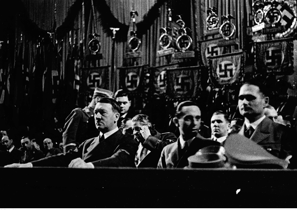 Adolf Hitler, Joseph Goebbels and Rudolf Hess in Berlin's Sportpalast for the commemoration of the Machtergreifung (take of power)
